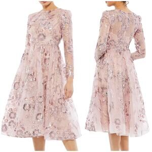 Mac Duggal NWT Floral Embellished Long Sleeve A-Line Dress Size 8 Rose Pink